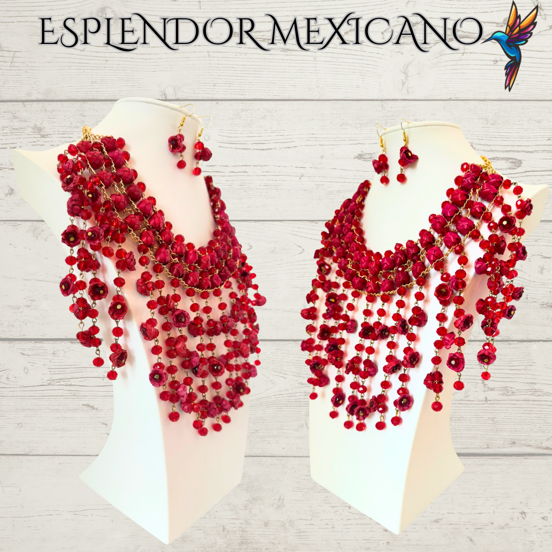 ❤️ Cascada Roja Statement Necklace Set – Hand-Painted Palm & Beads