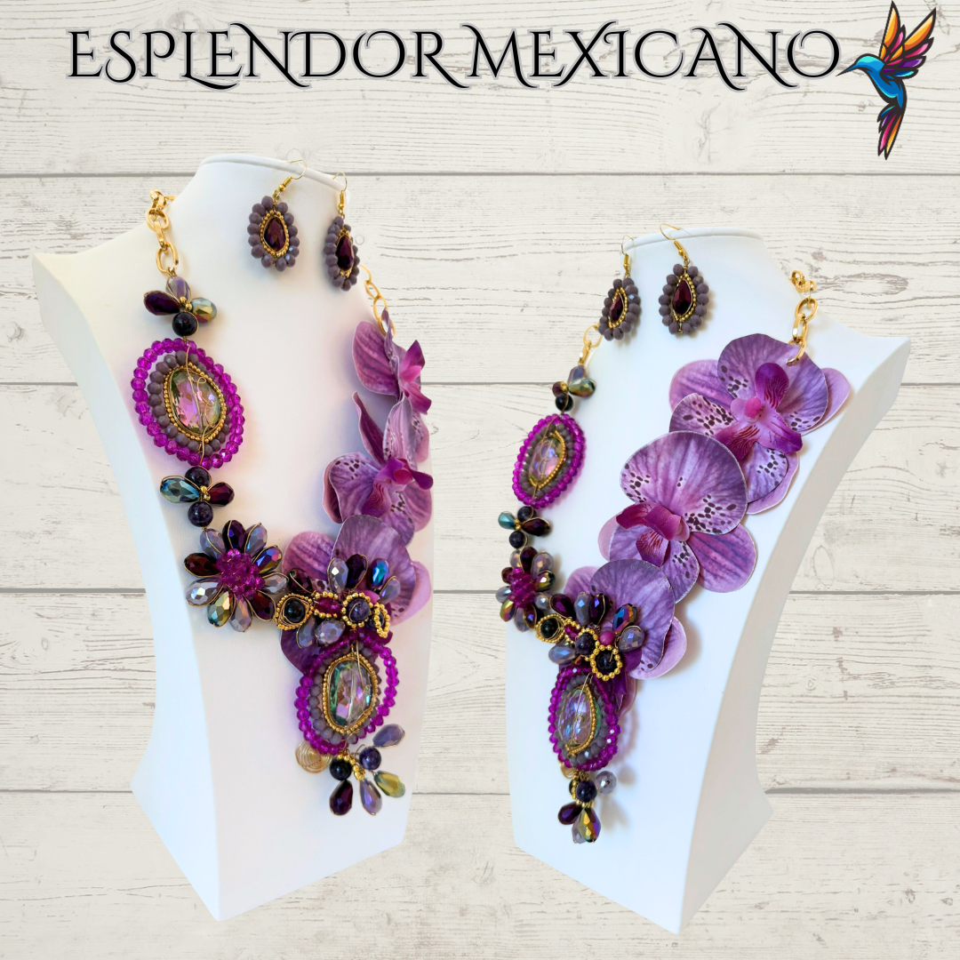 🌸 Orchid Statement Necklace Set – Handmade in Mexico
