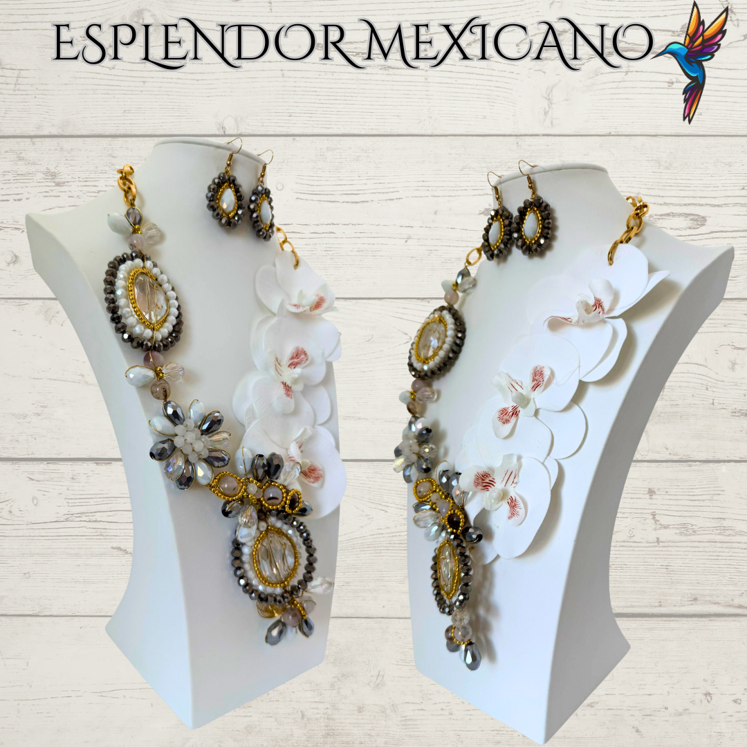 🌸 White Orchid Statement Necklace Set – Handmade in Mexico