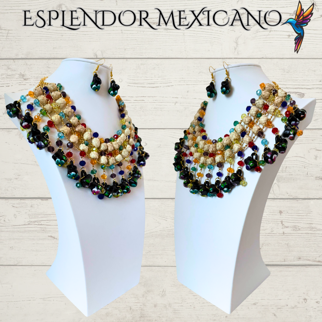 🌈 Colorful Jarritos Statement Necklace Set – Palm, Talavera Clay & Beads