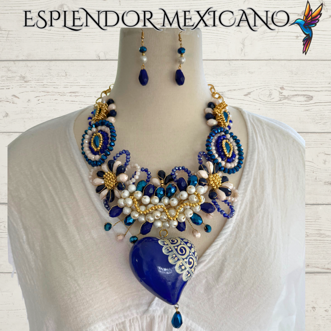 Mexican handmade Beaded Necklace Set with Hand Painted Ceramic Heart