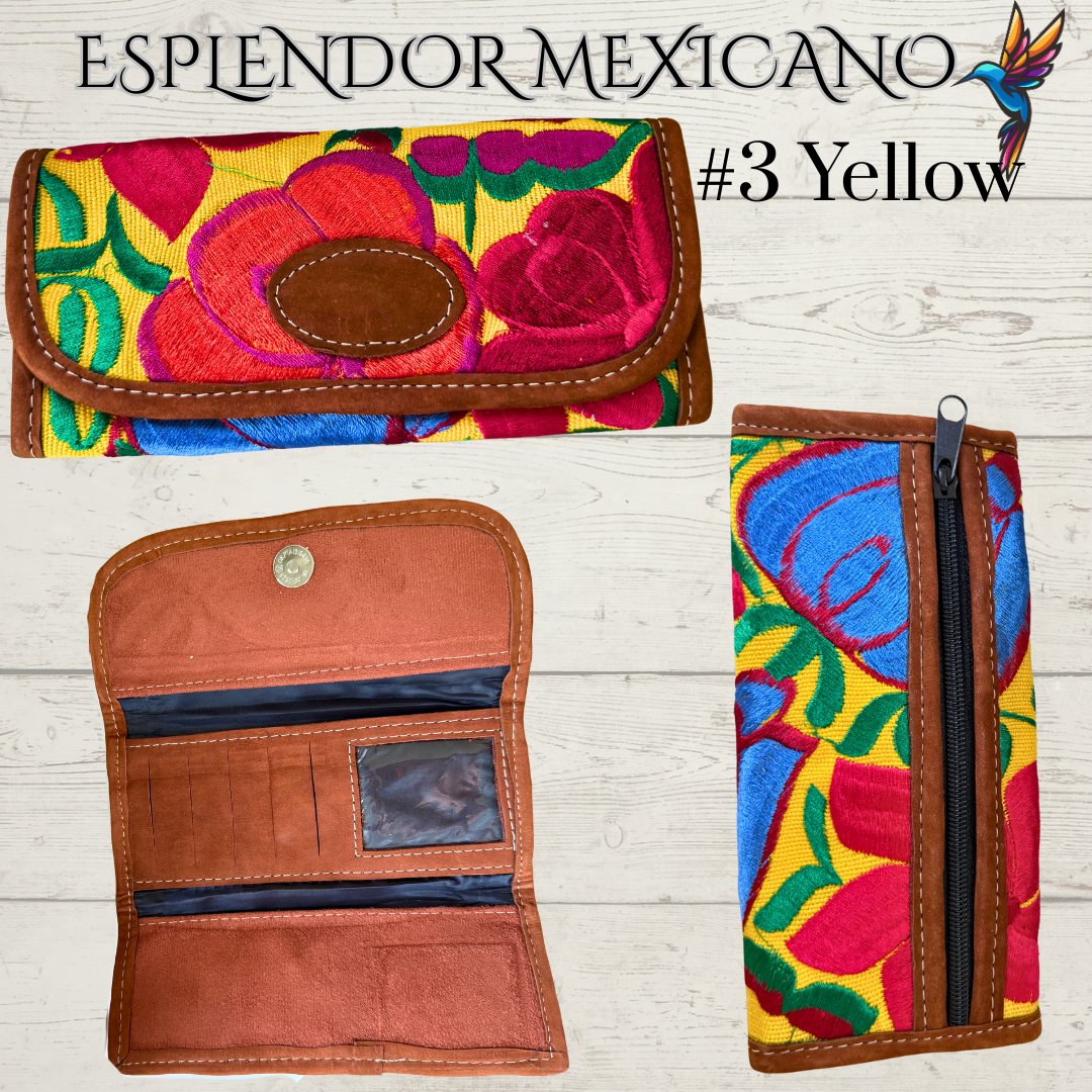 🌸 Handmade Mexican Floral Embroidered Wallet – Gamuza & Cotton