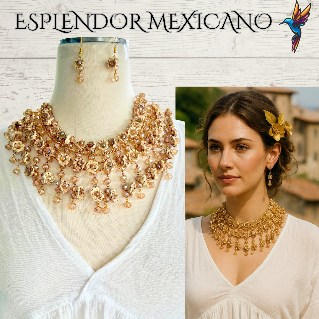 Mexican Artisanal Palm Flower Necklace Jewelry Set with Glass Beads
