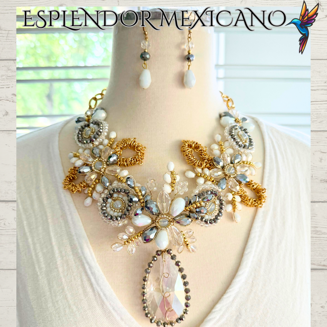 🤍✨ White & Gold Tear Drop Beaded Necklace Set – Handmade in Mexico