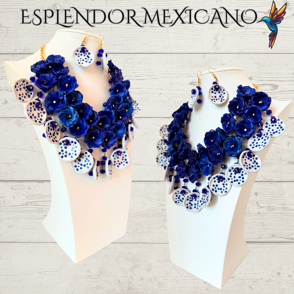 💙🤍 Fiesta Dreams Statement Necklace Set – Talavera Clay, Palm & Glass Beads