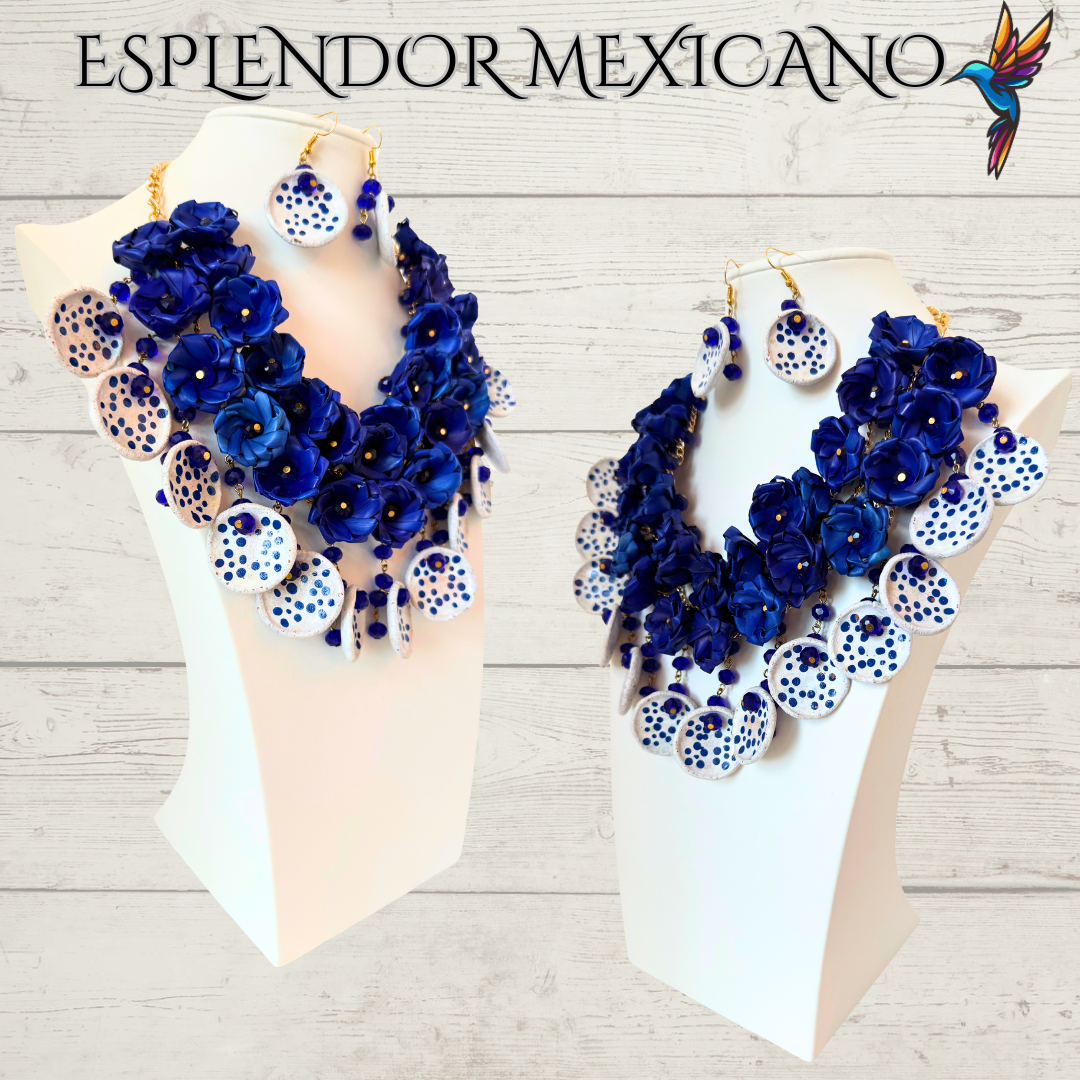💙🤍 Fiesta Dreams Statement Necklace Set – Talavera Clay, Palm & Glass Beads