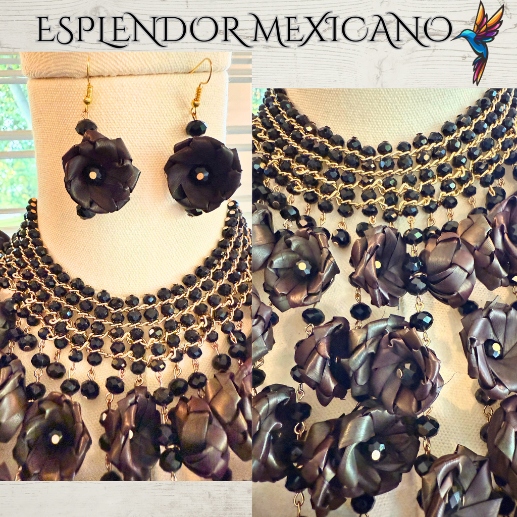 🖤 Natural Palm Statement Necklace Set – Handmade with Glass Beads