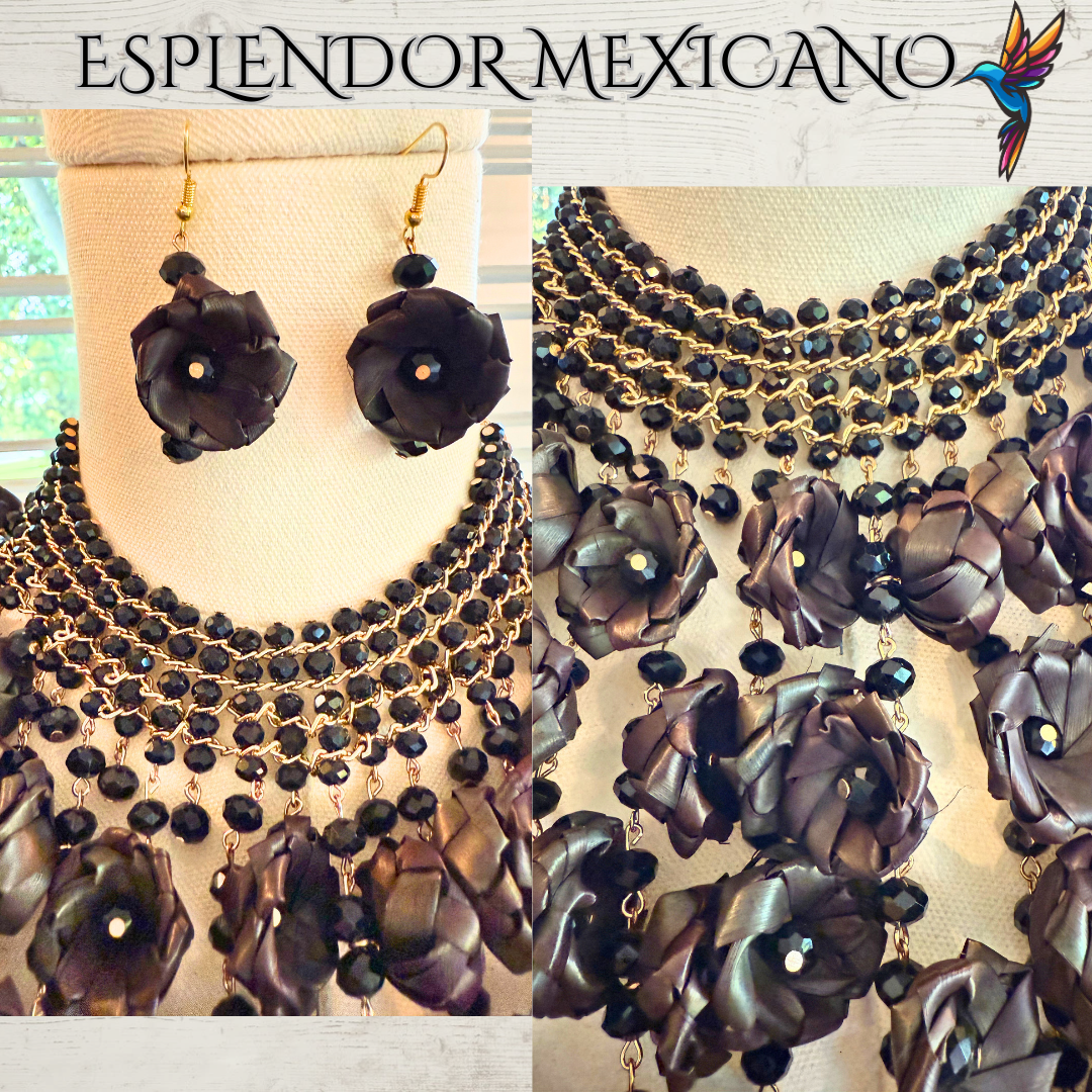 🖤 Natural Palm Statement Necklace Set – Handmade with Glass Beads