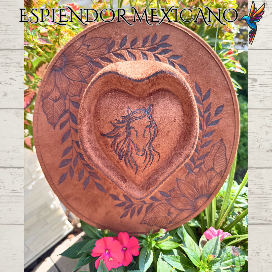 🤎 Hand-Burned Cowgirl Hat – Horse & Floral Design