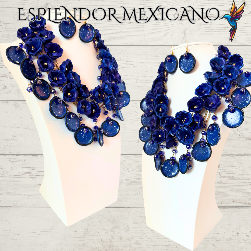 💎💙 Bold Blue Heritage Necklace Set – Mexican Talavera & Palm Craft