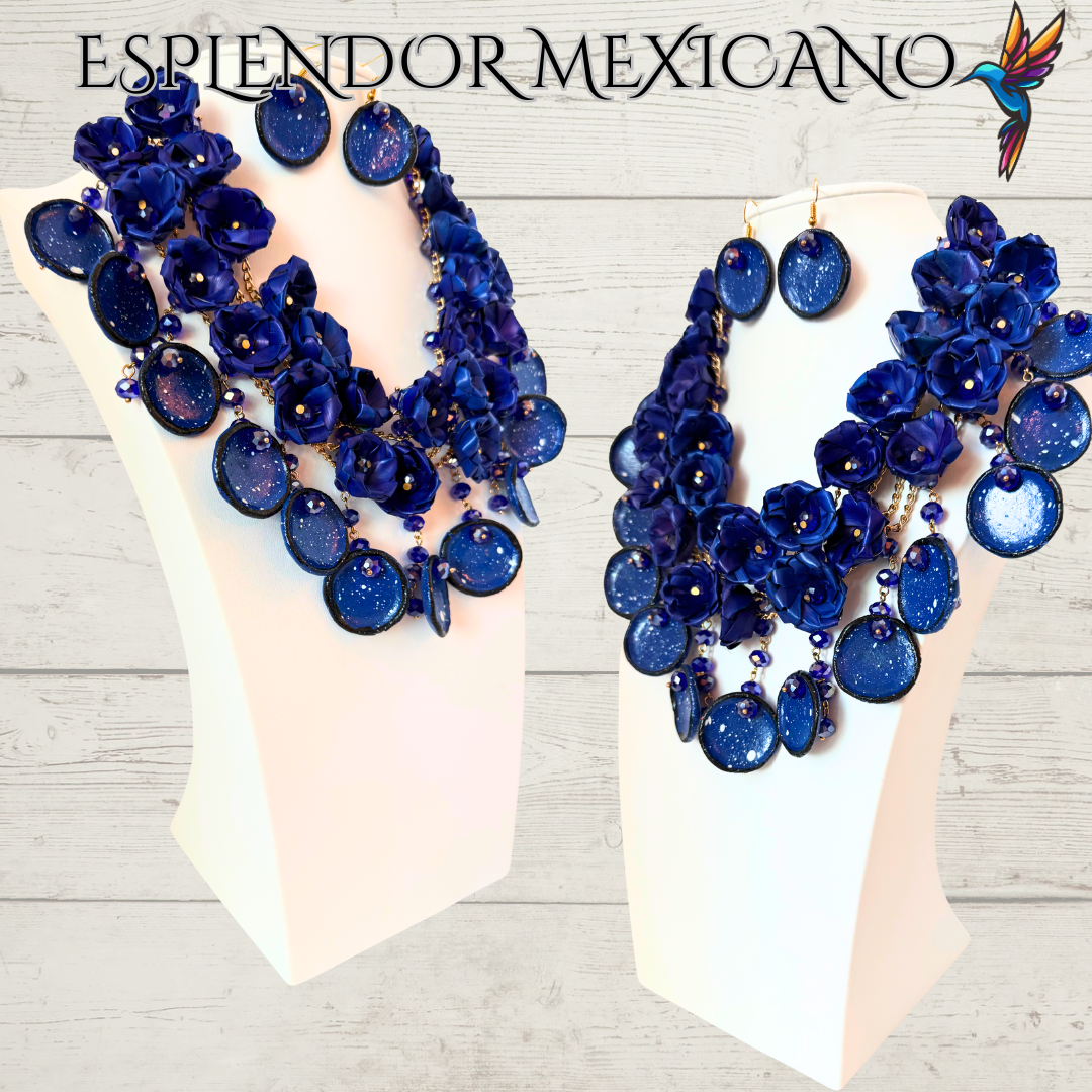 💎💙 Bold Blue Heritage Necklace Set – Mexican Talavera & Palm Craft