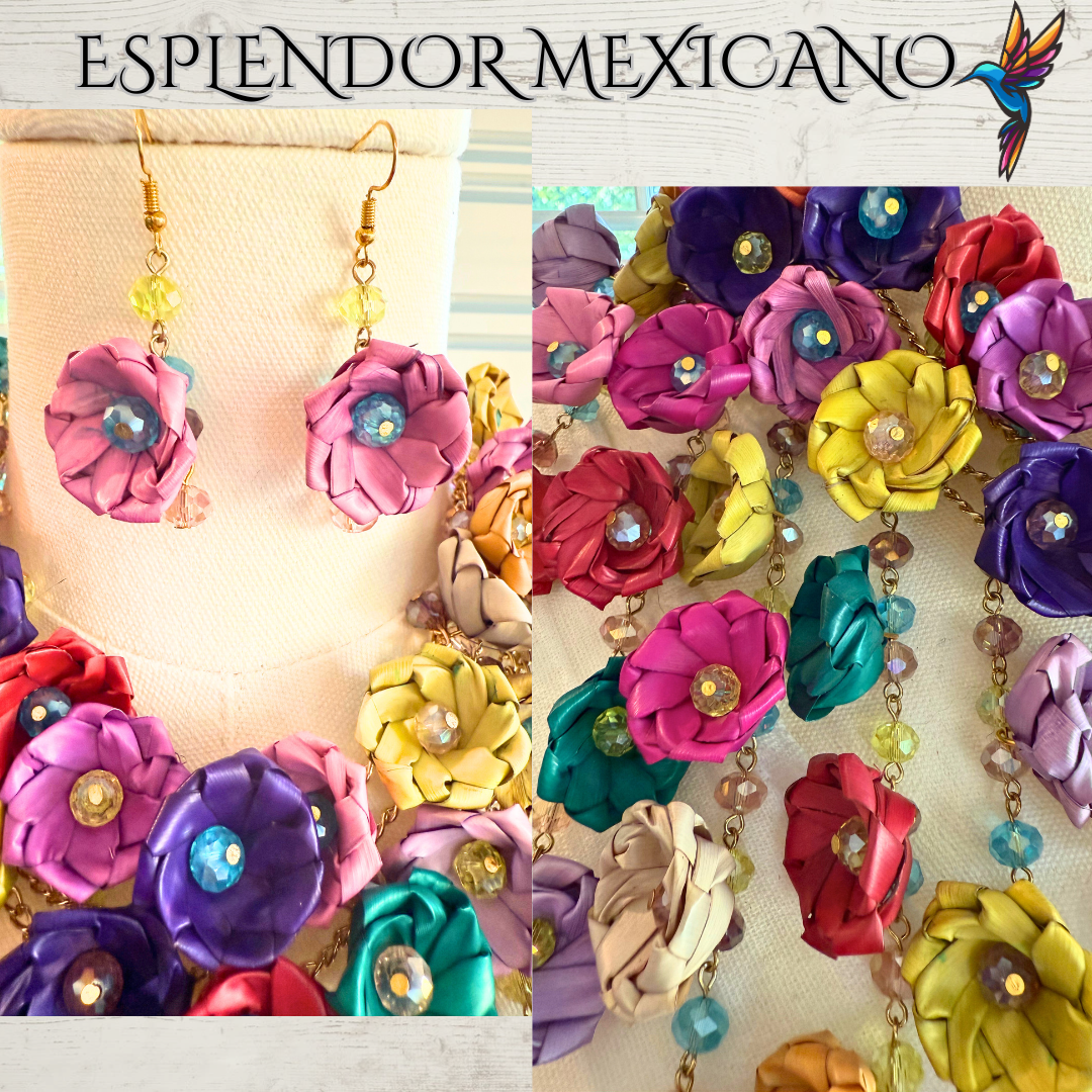 💜💙🩷💚🧡 Natural Palm Statement Necklace Set – Handmade with Glass Beads