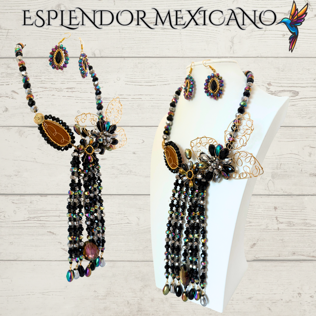 🖤💛 Handmade Floral Cascade Necklace Set