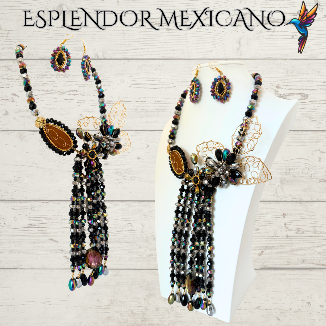 🖤💛 Handmade Floral Cascade Necklace Set