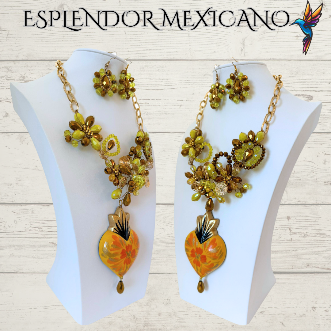 🧡💛 Floral Heart Necklace Set – Hand-Painted Ceramic & Beads | Handmade in Mexico