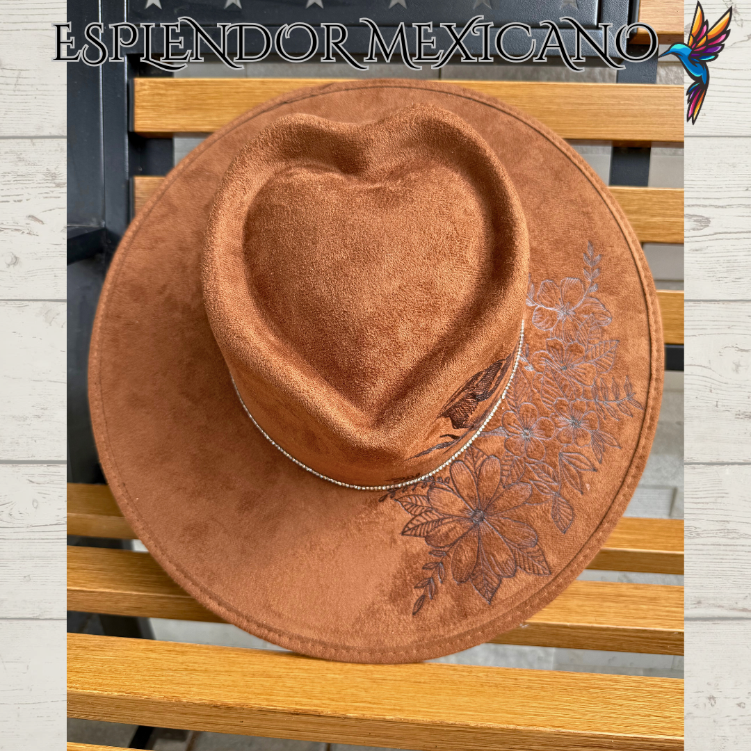 🤎 Hand-Burned Suede Cowgirl Hat – Bird & Floral Design