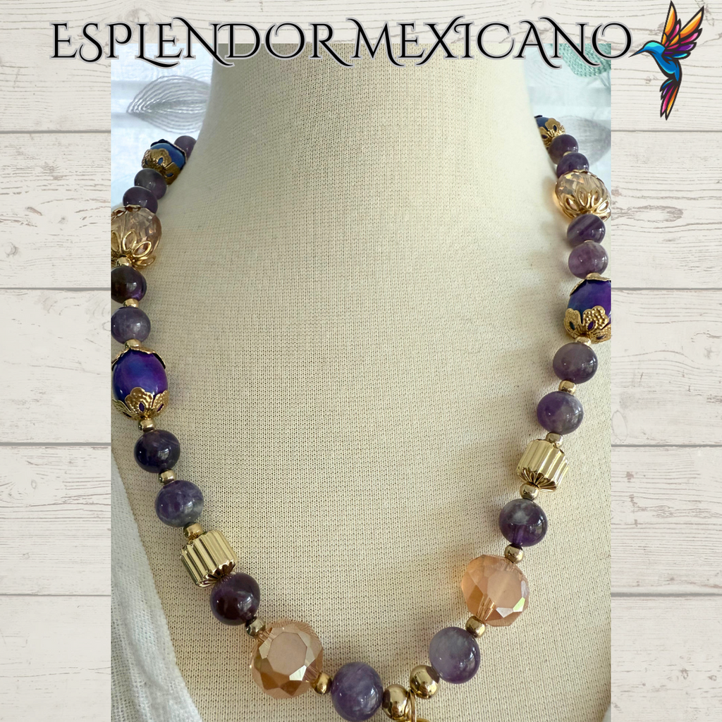 💜 Amethyst & Agate Purse Charm Necklace – Handmade in Mexico