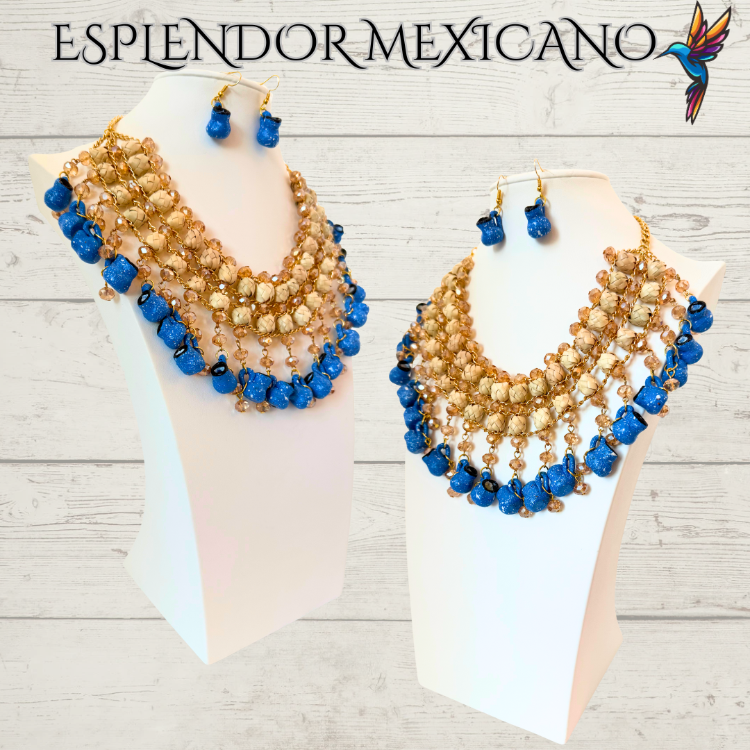 Fiesta Dreams Statement Necklace Set – Hand-Painted Jarritos, Palm & Glass Beads