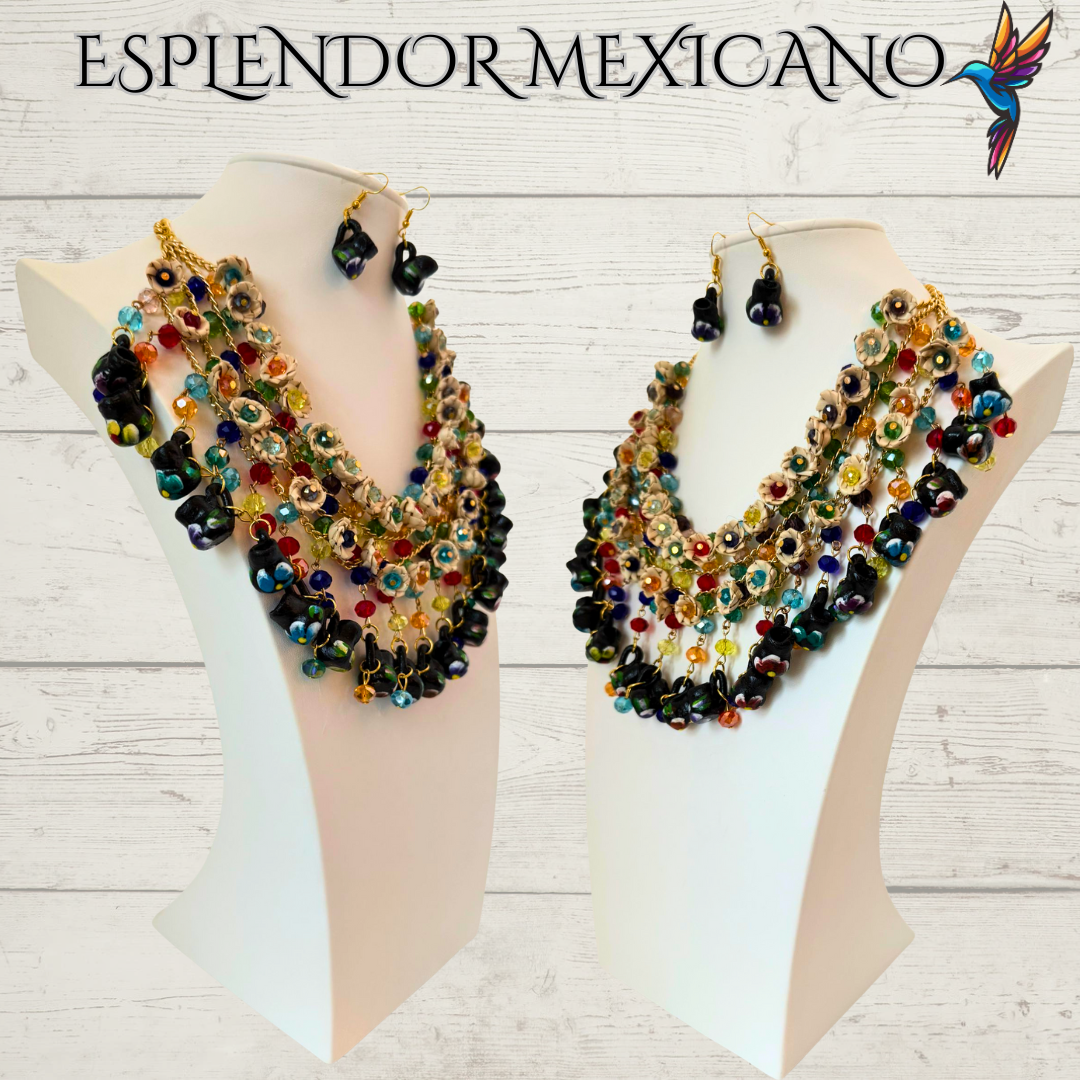 🌸 Fiesta Dreams Statement Necklace Set – Hand-Painted Jarritos, Palm & Beads