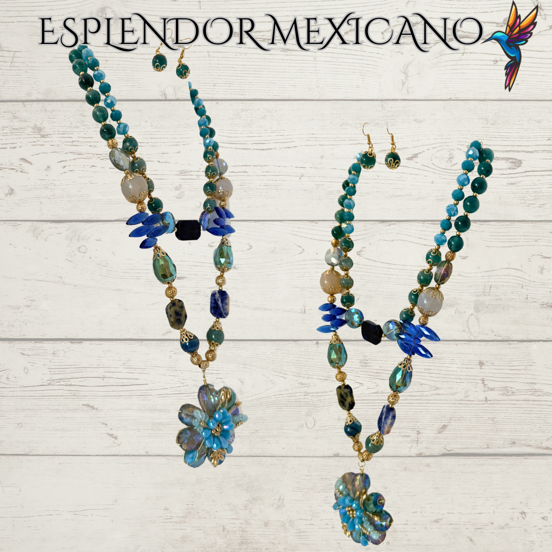 💙 Golden Handmade Necklace with Blue & Turquoise Gemstones – Artisan Jewelry from Mexico