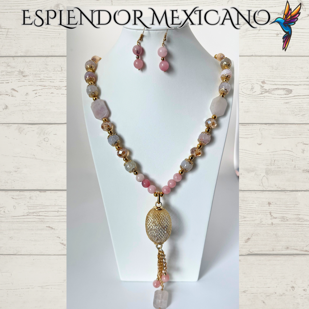 Mexican handmade Rose Pink Quartz Necklace Set/Natural Stone Healing Crystal Spiritual Protection Gift/Glass Charm Pendant/ Stone Necklace