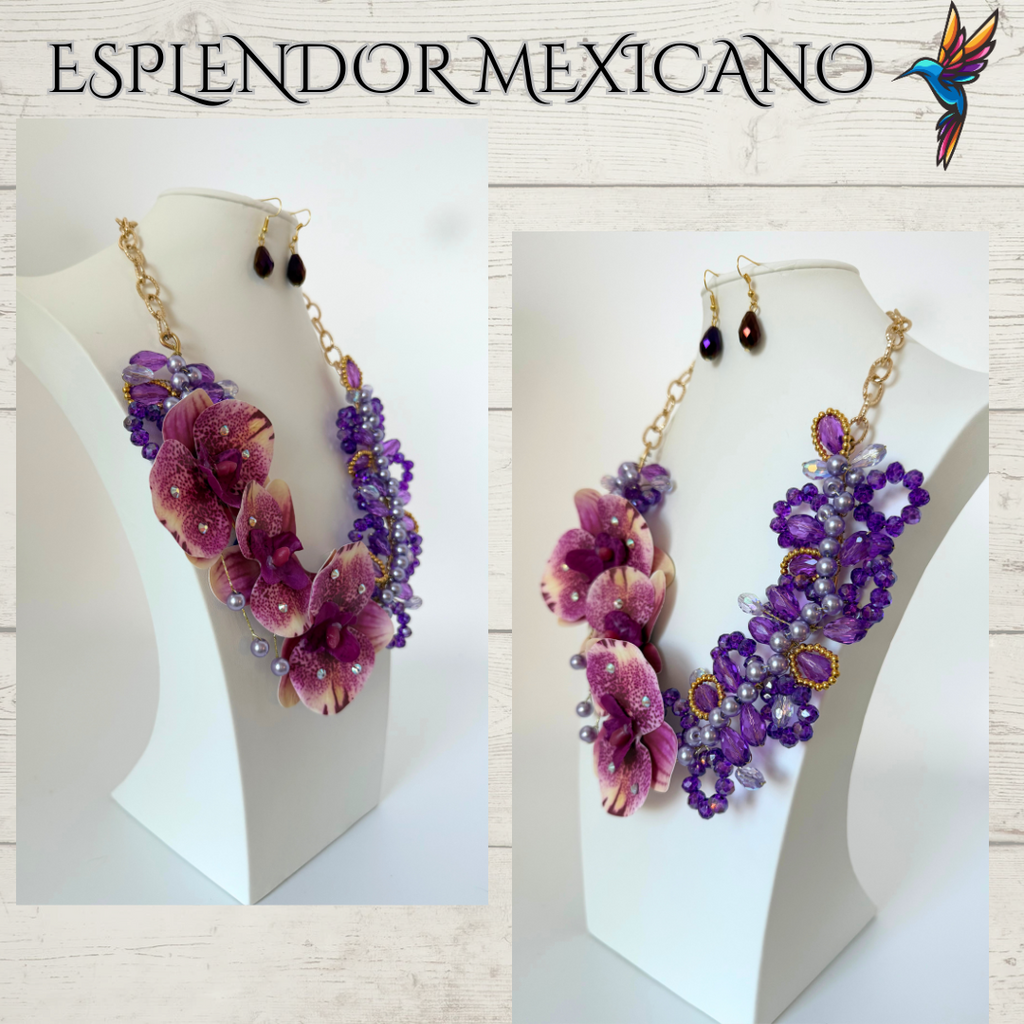 🌸 Orchid Statement Necklace Set – Handmade in Mexico