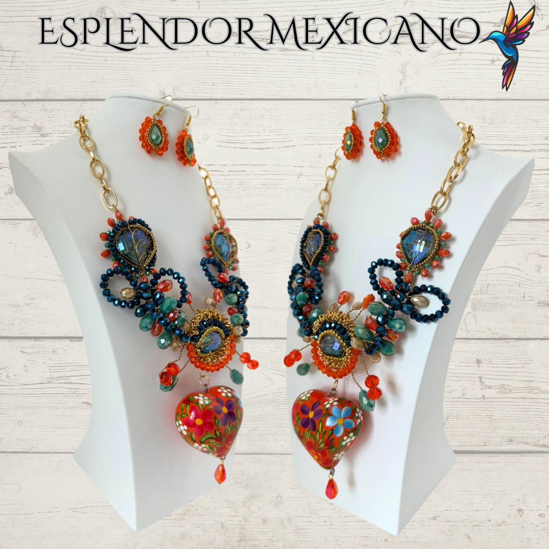 🧡💙 Floral Heart Necklace Set – Handmade in Mexico