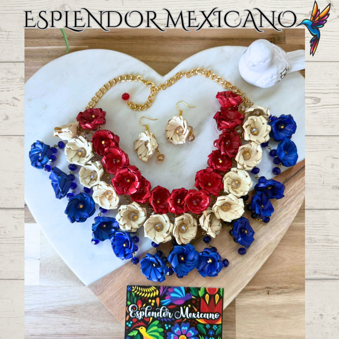 ❤️🤍💚💙 Rosalía Bloom Statement Necklace Set – Handmade Palm & Glass Beads