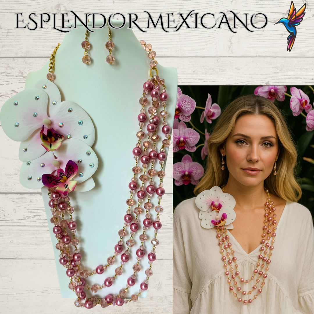 🌸 Bold Orchid Necklace Set – Handmade in Mexico
