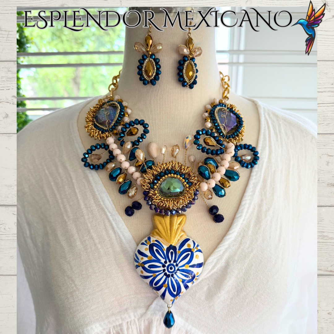 💙 Blue & Gold Ceramic Heart Necklace Set – Handmade