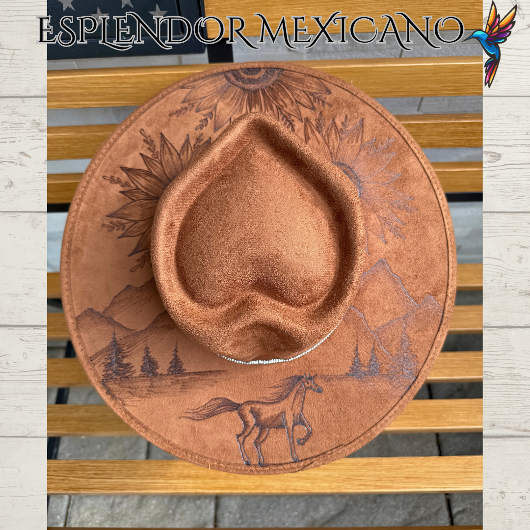 🤎 Hand-Burned Suede Cowgirl Hat – Horse, Flowers & Mountains