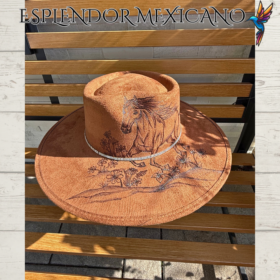 🤎 Hand-Burned Horse & Mountain Cowgirl Hat – Suede Heart Shape