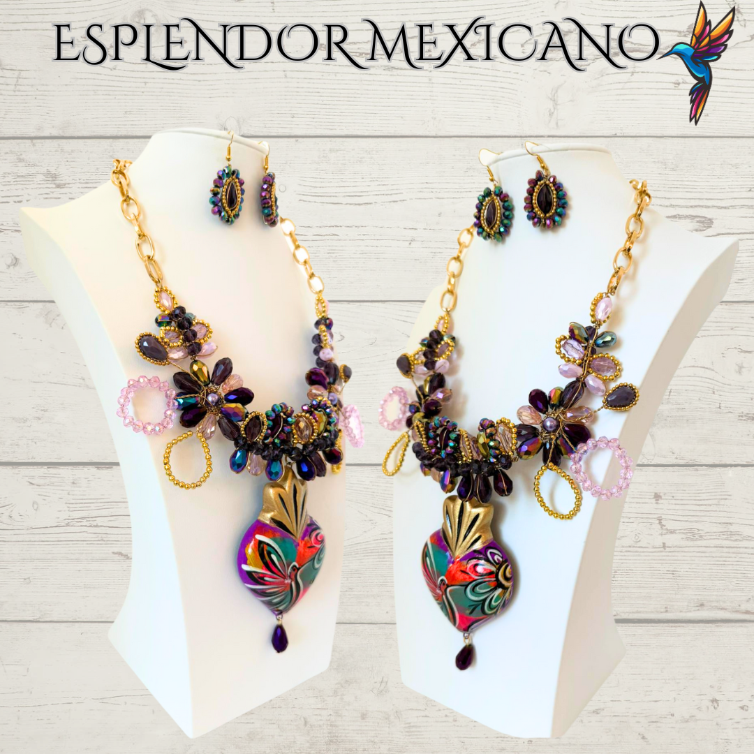 💜💛 Floral Heart Necklace Set – Hand-Painted Ceramic & Beads | Handmade in Mexico
