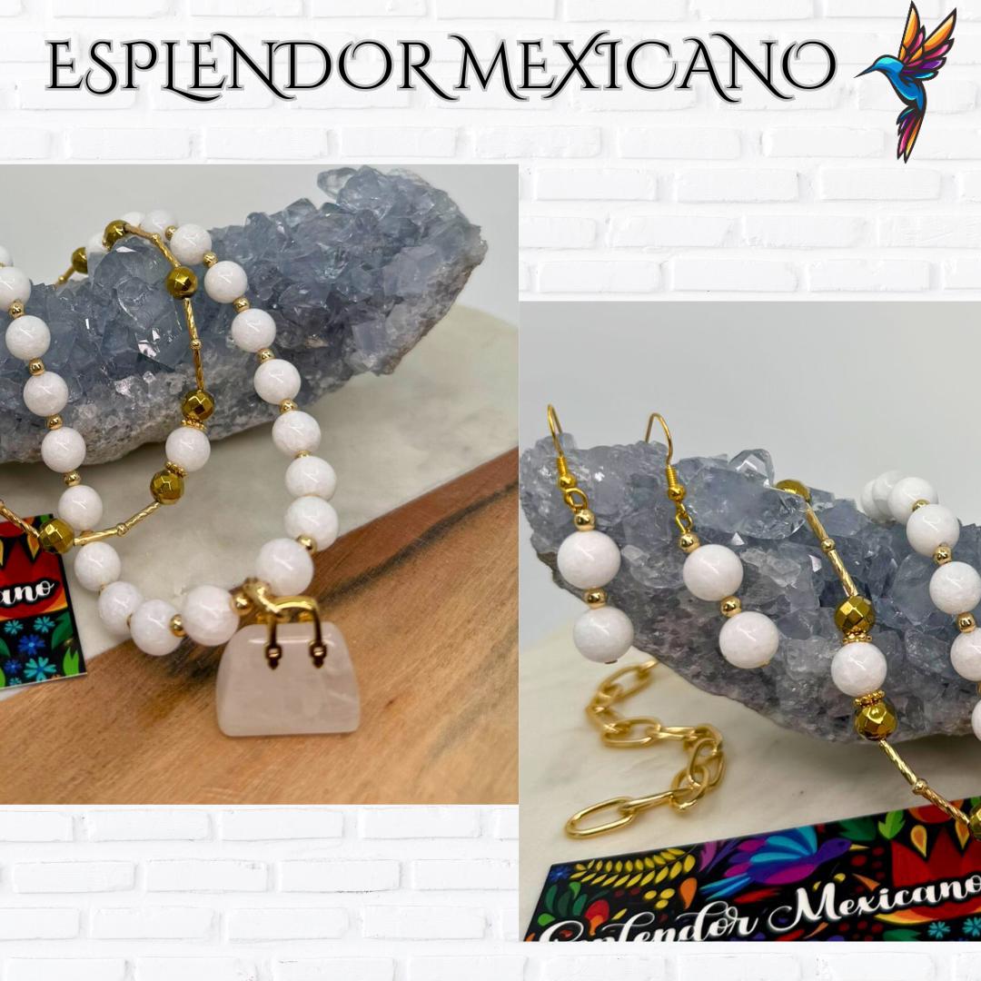 Mexican handmade White Jade Necklace Set/Natural Stone Healing Crystal Spiritual Protection Gift/ Beaded Stone Necklace/Health benefit stone