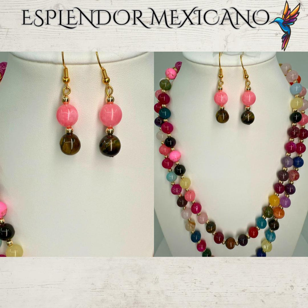 Mexican handmade Agate, Quartz, Tiger's Eye Necklace/Natural Stone Healing Crystal Spiritual Protection Gift /Beaded Stone Necklace