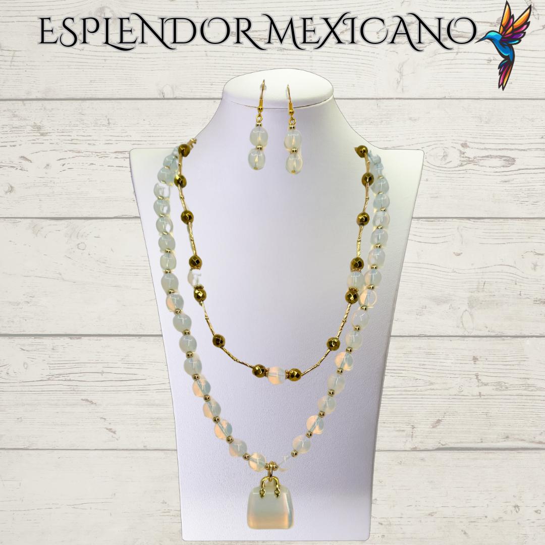 Mexican handmade Moonstone Necklace Set/Natural Stone Healing Crystal Spiritual Protection Gift/ Beaded Stone Necklace /Health benefit stone