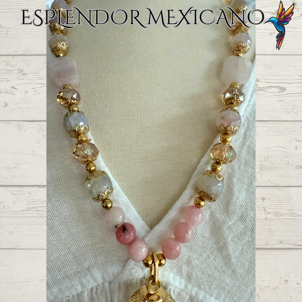 Mexican handmade Rose Pink Quartz Necklace Set/Natural Stone Healing Crystal Spiritual Protection Gift/Glass Charm Pendant/ Stone Necklace