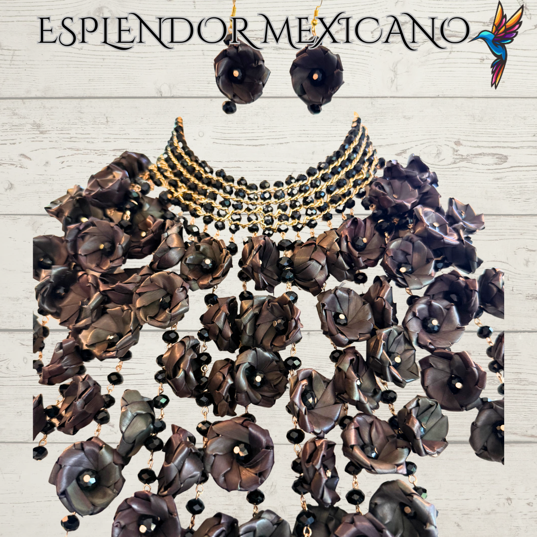 🖤 Natural Palm Statement Necklace Set – Handmade with Glass Beads