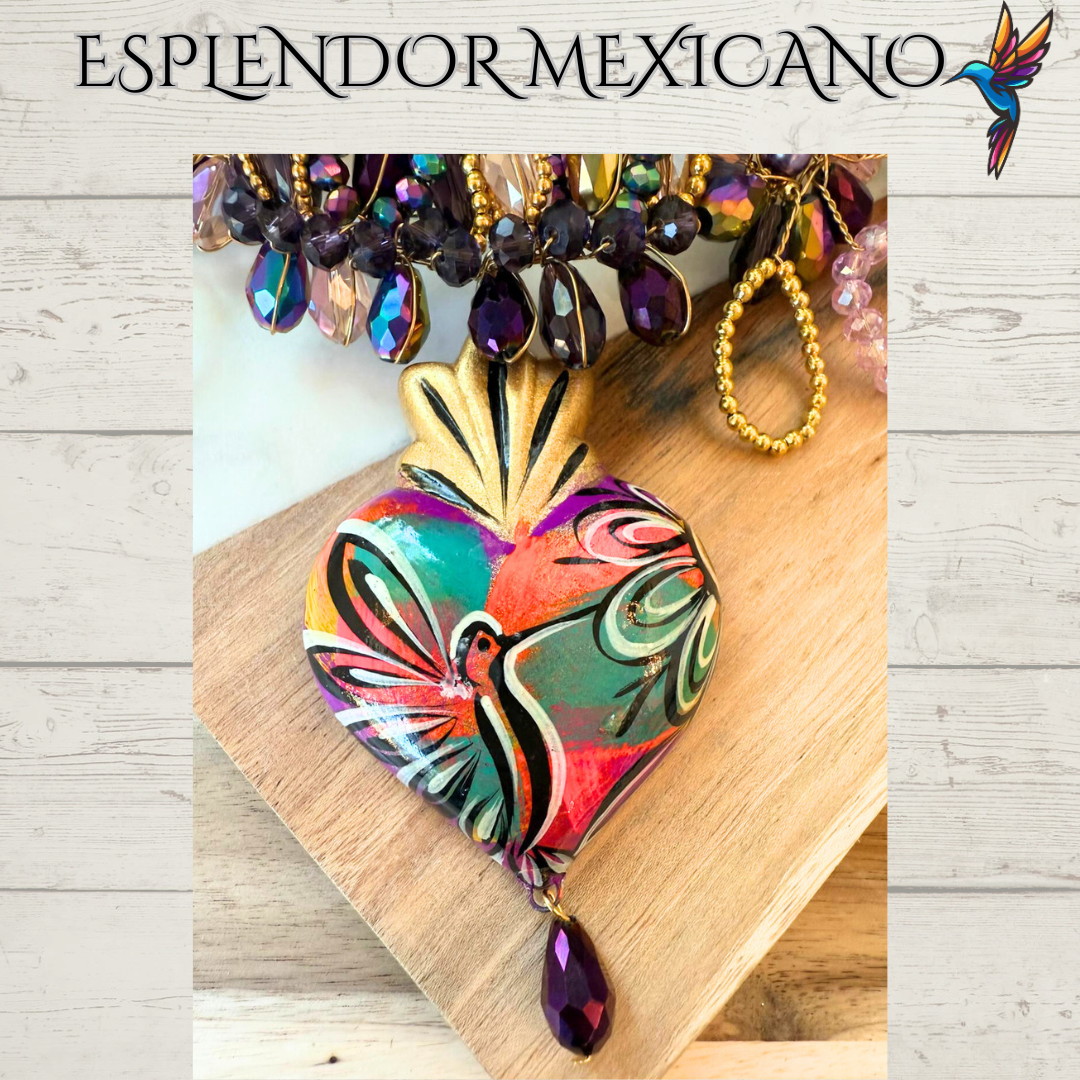 💜💛 Floral Heart Necklace Set – Hand-Painted Ceramic & Beads | Handmade in Mexico