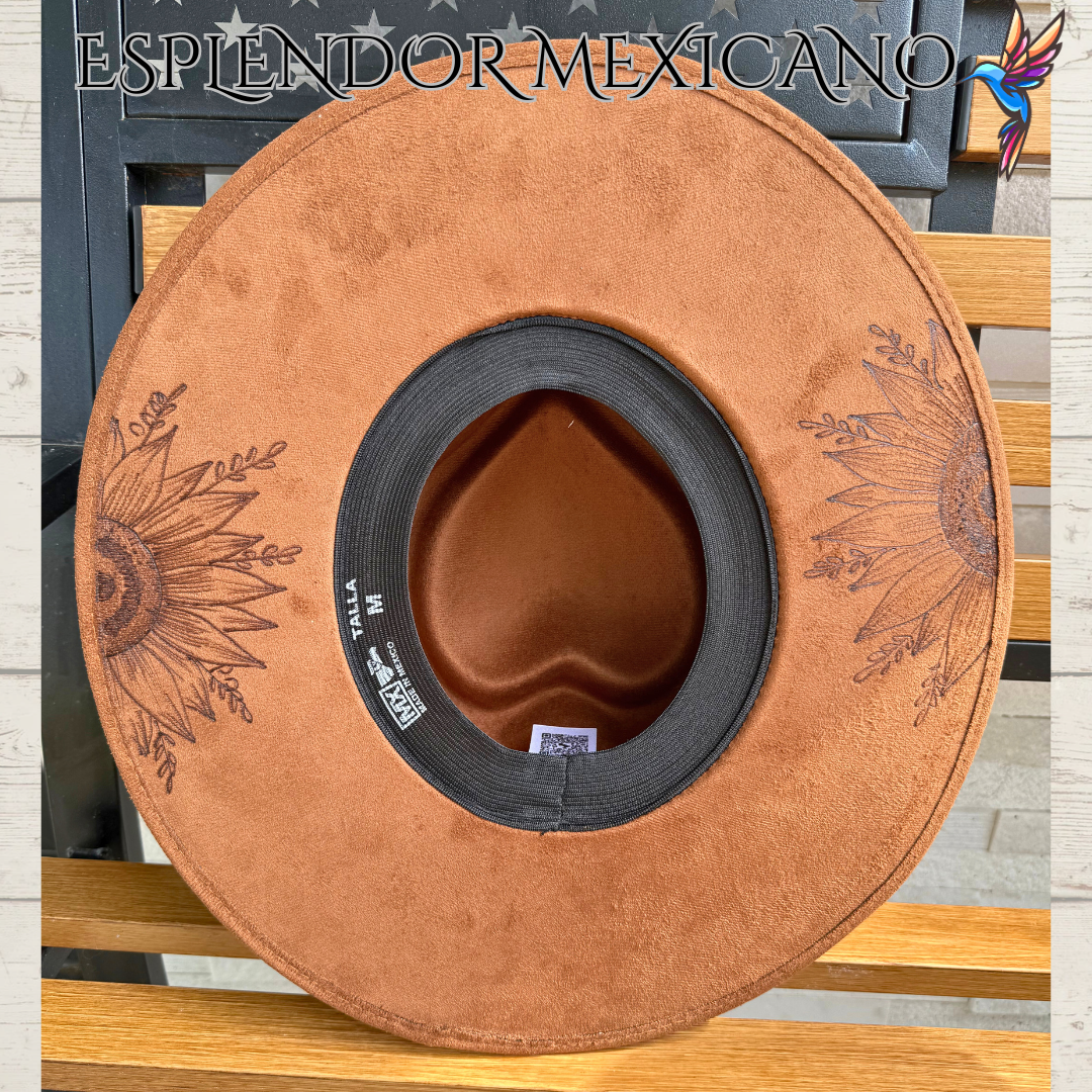 🤎 Hand-Burned Suede Cowgirl Hat – Horse, Flowers & Mountains