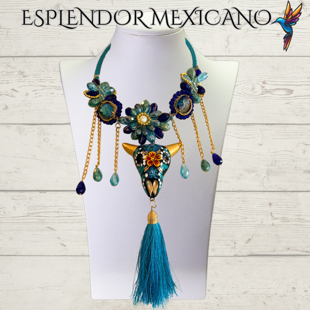 💙🩵💚 Teal & Blue Skull Necklace Set – Handmade in Mexico