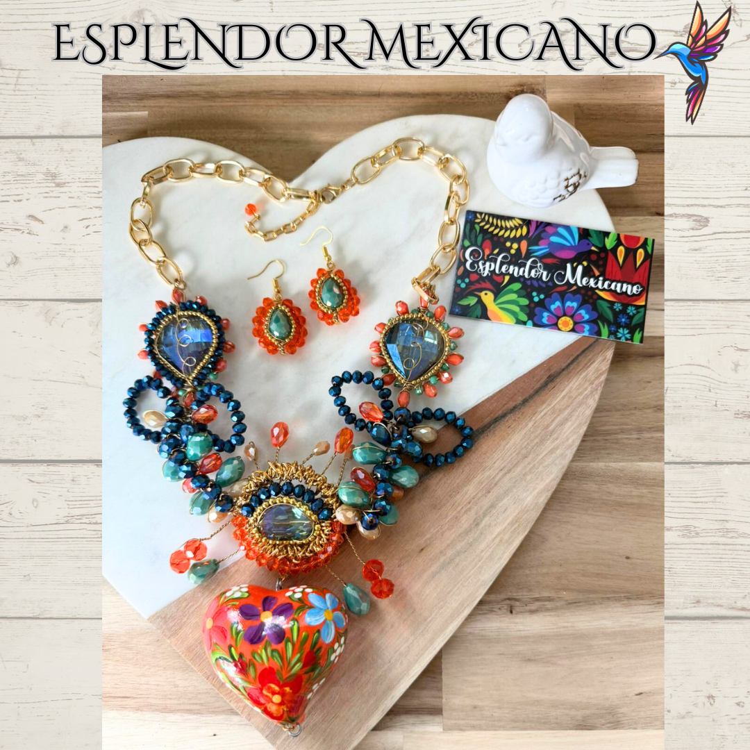 🧡💙 Floral Heart Necklace Set – Handmade in Mexico