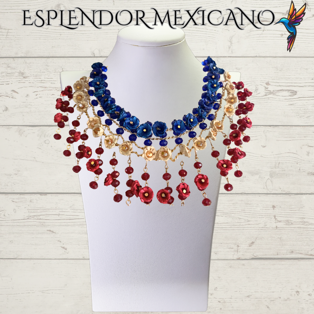 ❤️🤍💙 Natural Palm Statement Necklace Set – Handmade with Glass Beads