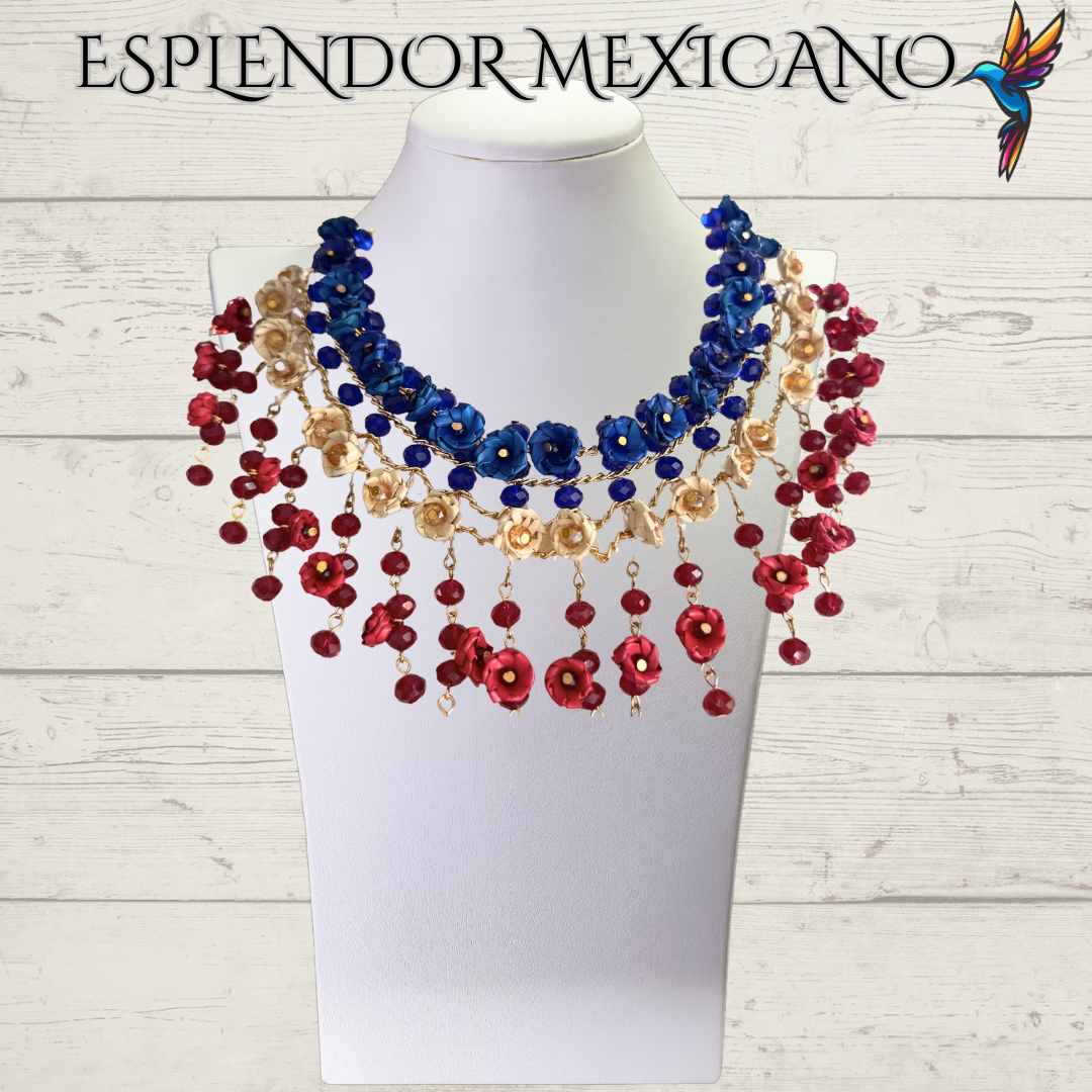 ❤️🤍💙 Natural Palm Statement Necklace Set – Handmade with Glass Beads