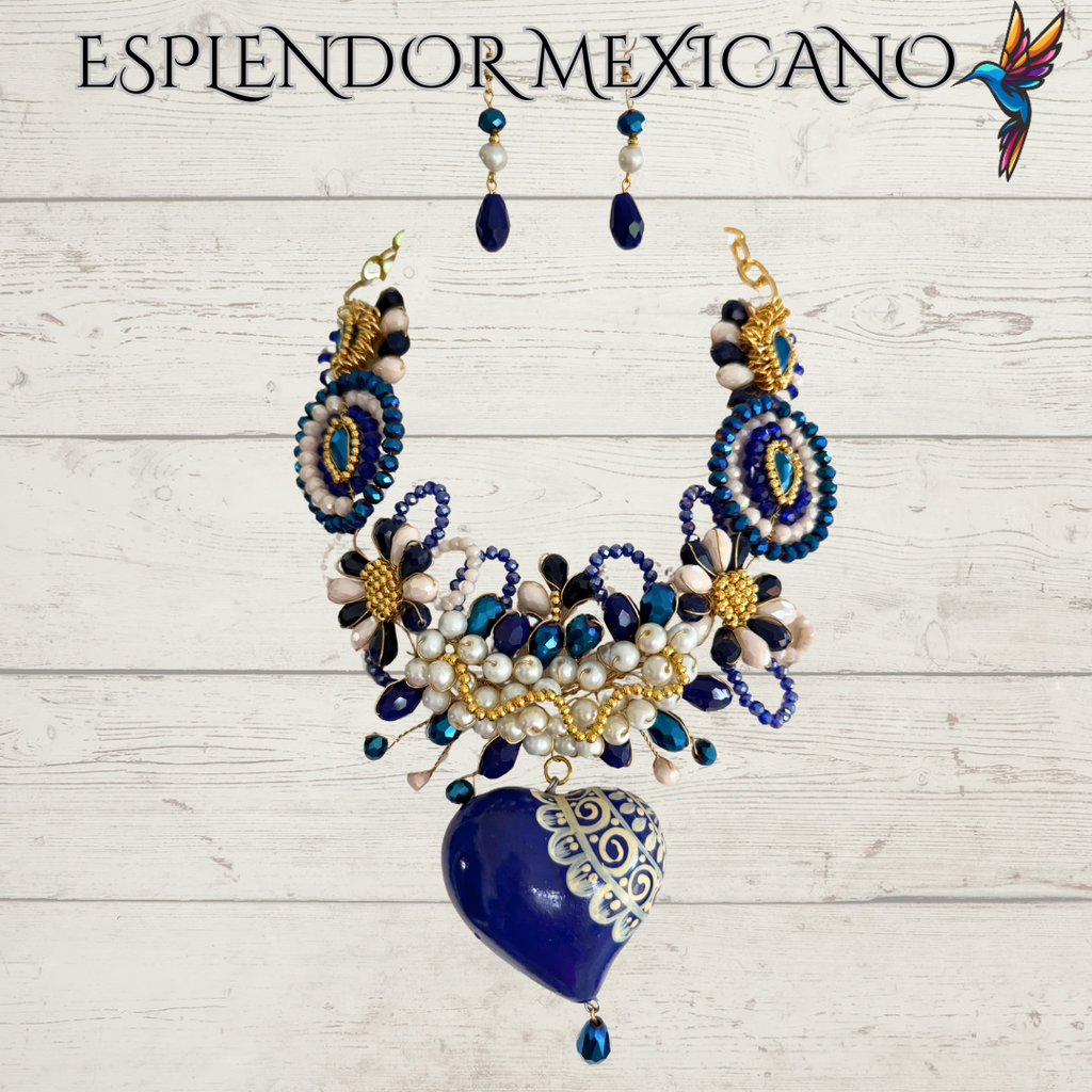 Mexican handmade Beaded Necklace Set with Hand Painted Ceramic Heart
