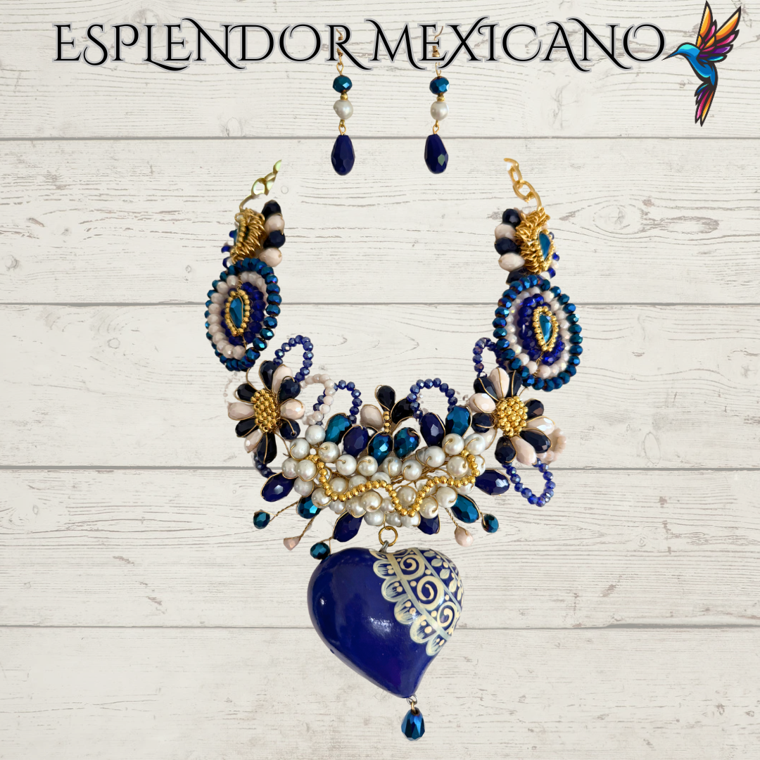 Mexican handmade Beaded Necklace Set with Hand Painted Ceramic Heart