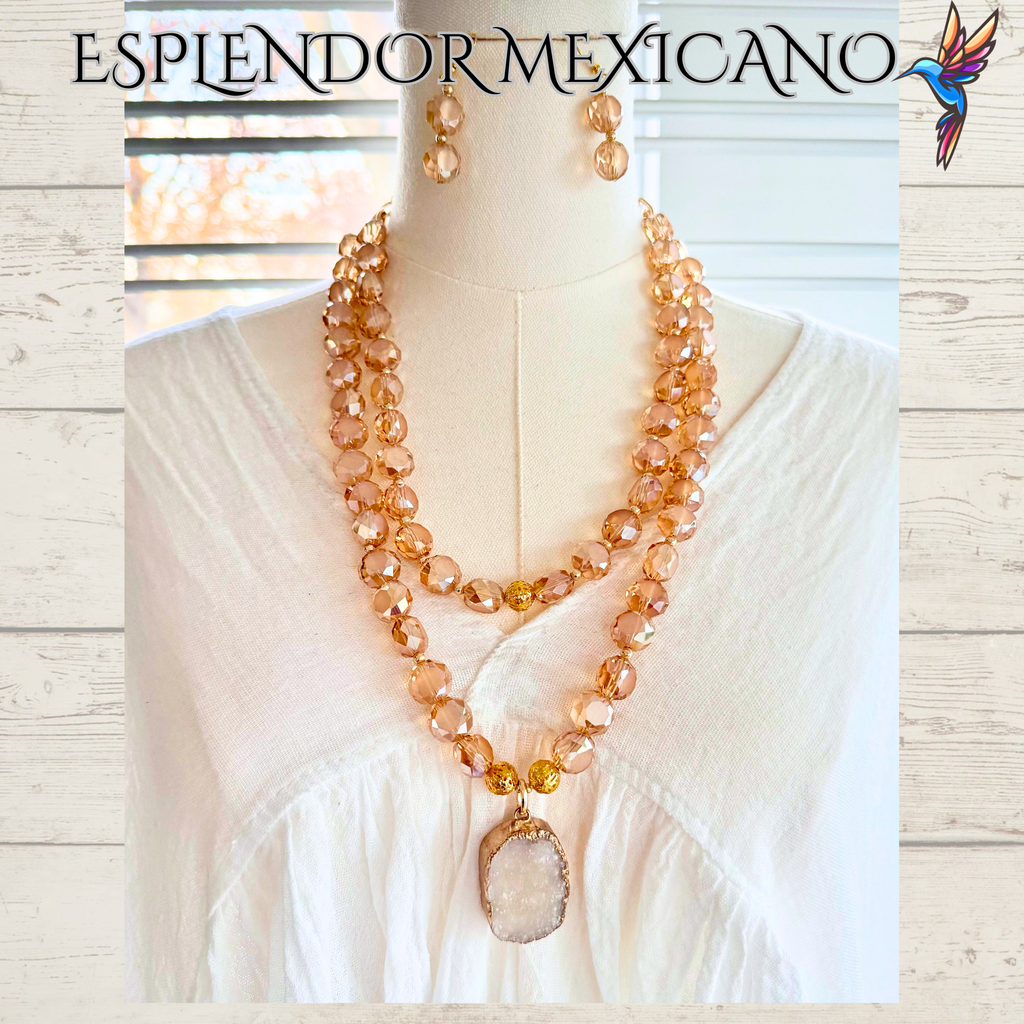 Beaded Golden Honey Faceted Cut Glass with Natural Stone pendant Necklace