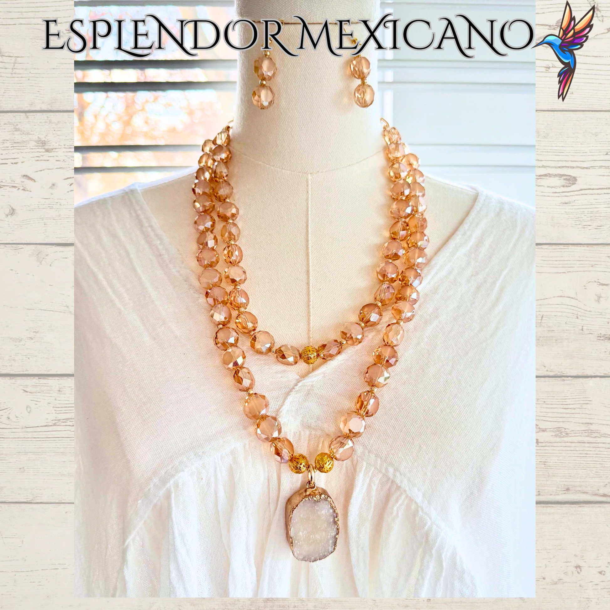 Beaded Golden Honey Faceted Cut Glass with Natural Stone pendant Necklace