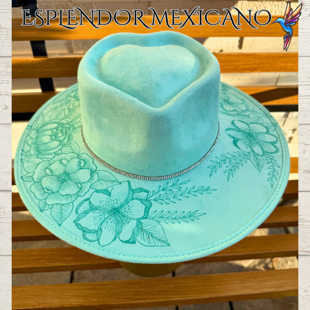 🩵 Handcrafted Suede Cowgirl Hat – Skull & Flower Design Heart-Shaped Crown