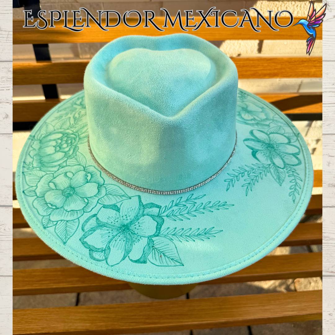 🩵 Handcrafted Suede Cowgirl Hat – Skull & Flower Design Heart-Shaped Crown